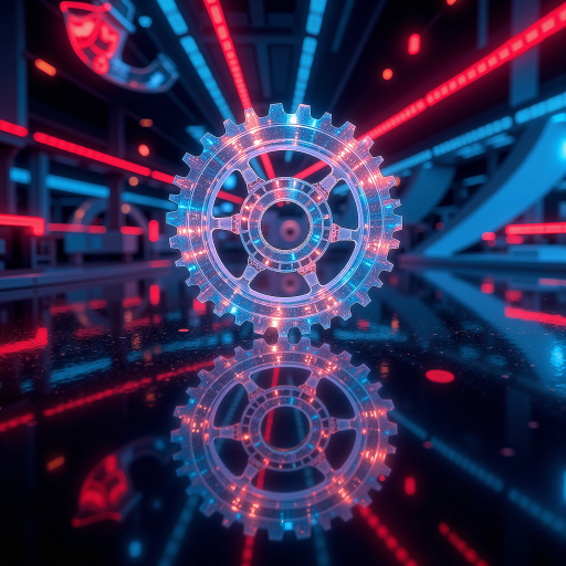 工具类小程序二维码，几何图形设计，中央显示齿轮图标和工具名称，周围有科技感线条，蓝色背景